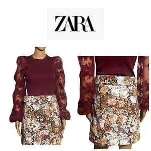 Zara Multicolor Floral Microfiber Belted Mini Skirt Cottage Grandma XS
